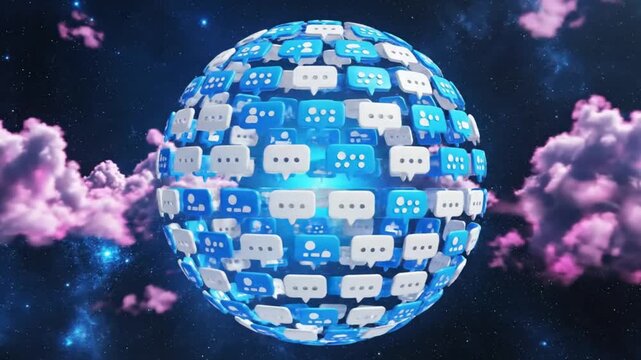 Global communication concept of sphere made of chat bubbles in a dreamy starry sky surrounded by fluffy pink clouds
