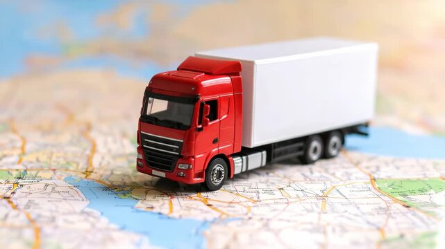 Red semi-trailer truck toy on a map with blurred background