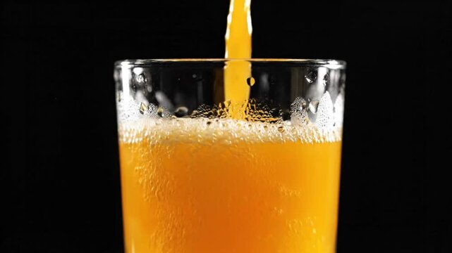 Close-up of fresh orange juice being poured into a clear glass against a black backdrop