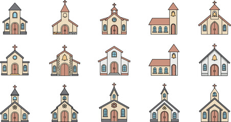 Fototapeta premium Church building icon set flat vector collection of Christian chapel and cathedral architecture isolated on light background