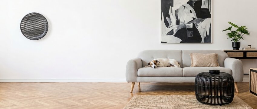 Relaxing dog on modern couch in minimalist living room stylish home decor indoor environment serene viewpoint cozy concept