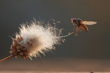 Fototapeta premium Fly lands on fluffy plant in soft light