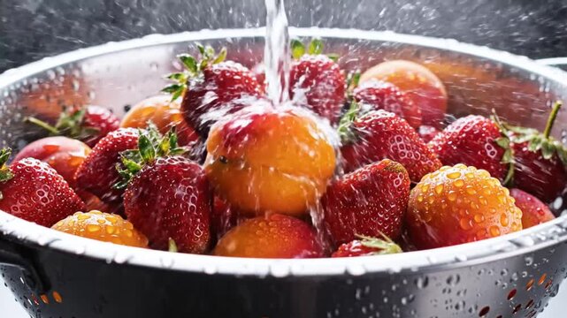 Washing fresh summer strawberries and apricots with flowing water in a metal colander for healthy preparation