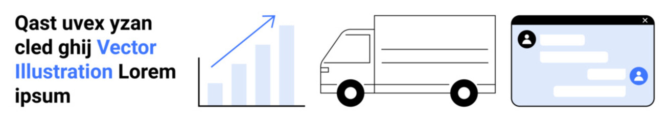 Fototapeta premium Business growth, logistics, digital communication, corporate strategy, delivery services, online messaging tools. Vertical bar chart, truck icon chat interface. Business growth and logistics
