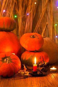 Fresh Pumpkins with Candles and Autumn Harvest Decoration