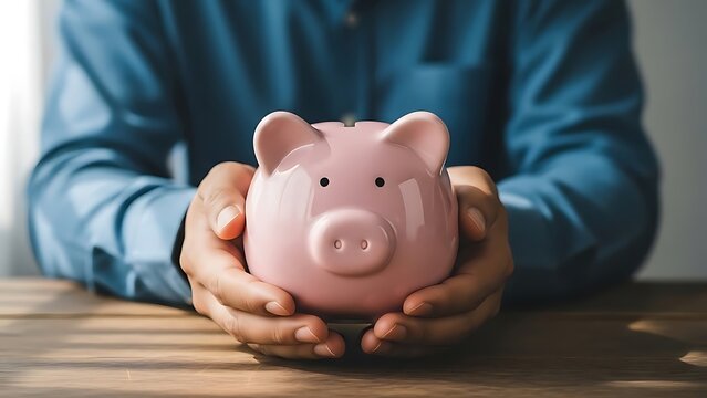 Person in blue shirt cradles a pink ceramic piggy bank with both hands over wooden table