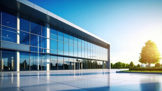 Modern glass office building exterior with reflective facade and green landscape