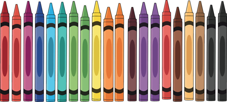 Colorful crayon row icon flat vector illustration of rainbow wax crayons aligned for kids drawing and school art isolated on light background