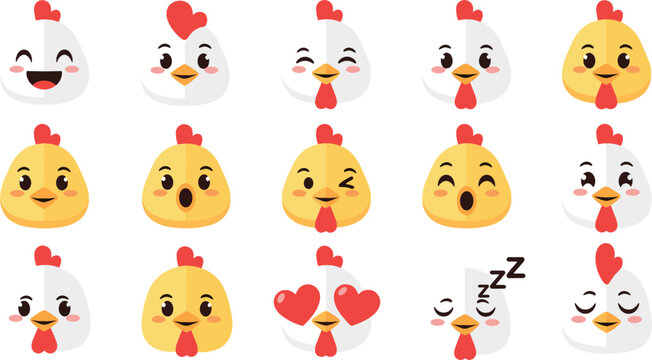 Cute chicken face emoji cartoon icon set flat vector collection of funny hen expressions isolated on light background