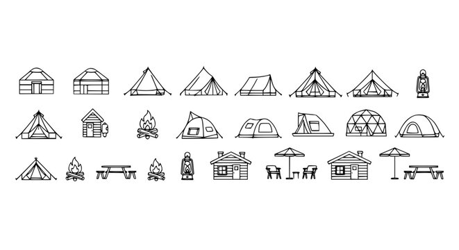 Outline Glamping Vector Icon Set Tents Yurts Cabins Luxury Camping Adventure
