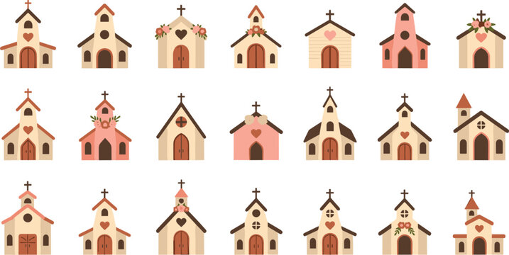 Cute church building icon set flat vector collection of Christian chapel architecture isolated on light background