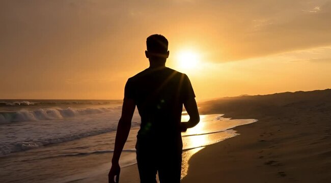 Man walking alone on the beach at sunrise with waves crashing on the shore