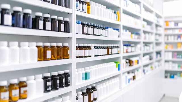 Rows of medicine bottles on shelves in a brightly lit pharmacy store