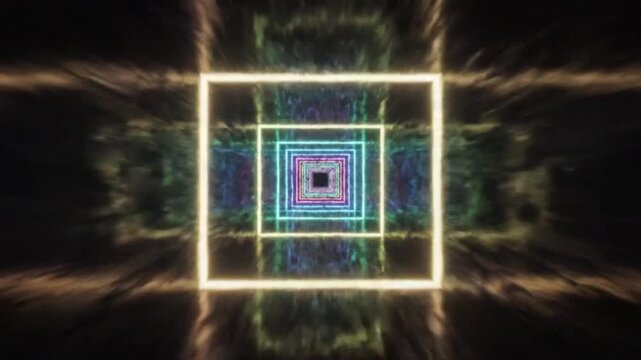 A vibrant, multicolored square with concentric glowing borders set against a dark background with radiant beams of light emanating from the center in a symmetrical pattern.