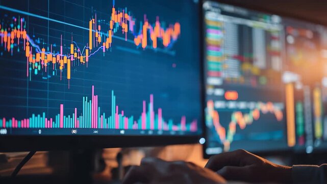 Finance trade manager analyzes stock market indicators with multiple screens displaying data and charts in an office setting during evening hours