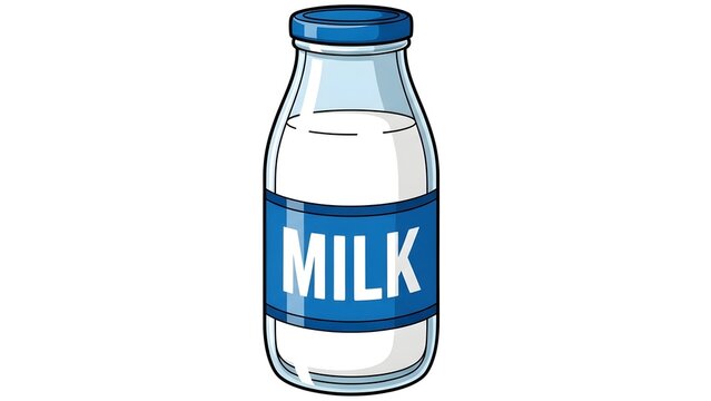 A classic glass bottle filled with fresh white milk.