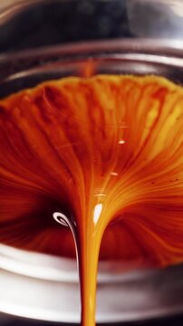 Vertical video. Espresso flowing almost evenly from bottomless portafilter with visible crema fan, high pressure causing water drops from gasket, macro slow motion view of near correct extraction