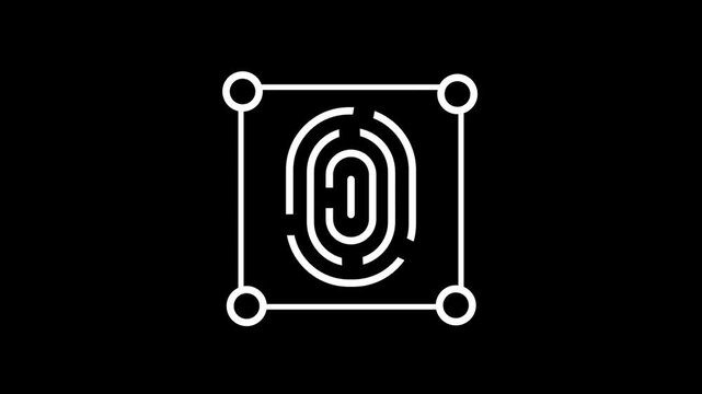 Fingerprint icon centered within a square targeting frame represents an active scanning process for capturing biometric data for security purposes