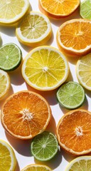 Obraz premium Overhead view of sliced citrus fruits arranged on a bright white surface, showing textures