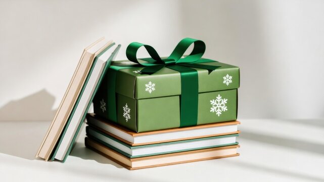 Green gift box with snowflakes and books in bright sunlight.