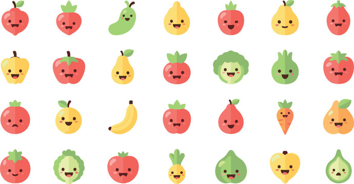 Cute fruit and vegetable cartoon icon set flat vector collection of healthy food characters isolated on light background