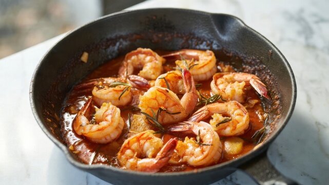 Sizzling garlic shrimp skillet with rosemary in rich sauce.