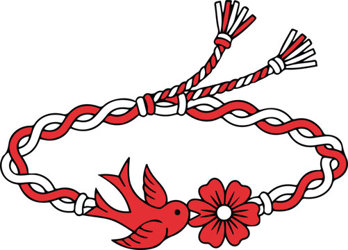 Vector illustration of a traditional Martisor bracelet made of twisted red and white strings adorned with a red bird and flower charm, symbolizing the arrival of spring.