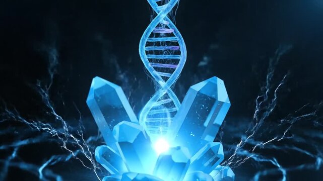 Glowing DNA helix emerging from crystal formation
