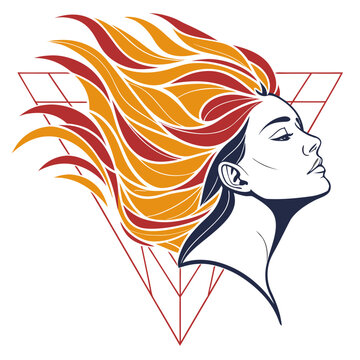 Woman with fiery hair in geometric frame, symbolizing passion and power