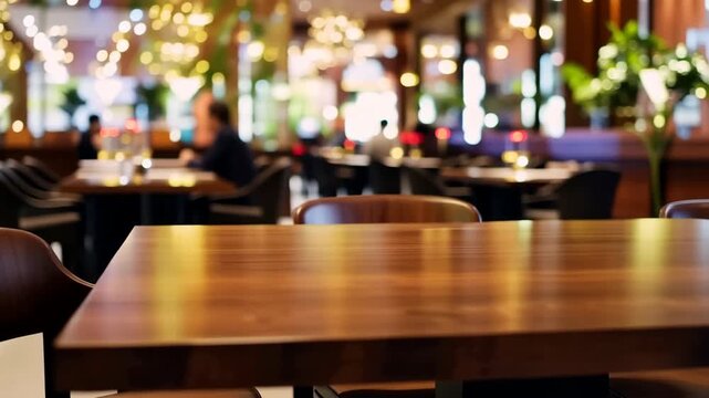Warm ambience of a restaurant interior blurred background with tables and chairs elegant dining space
