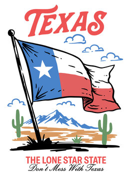 Texas state flag with desert landscape, mountains, and cacti, The Lone Star State vector illustration in retro graphic style for t-shirt design.
