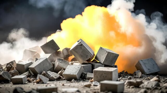 Concrete rubble and debris scattered with a bright yellow explosion and dark smoke behind