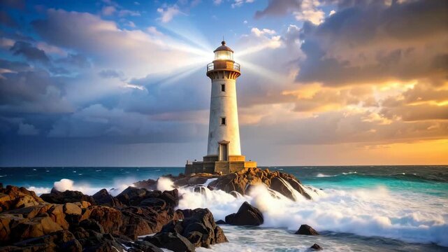 Stormy ocean waves crash against rocky shore near isolated lighthouse with glowing beam