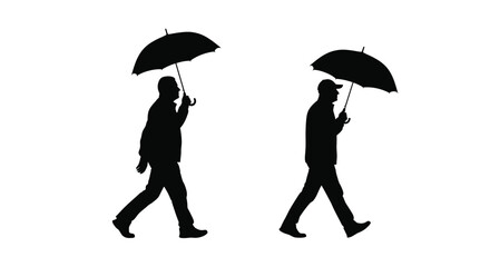 Two figures walking with umbrellas in a stark black silhouette © MSTSALINA