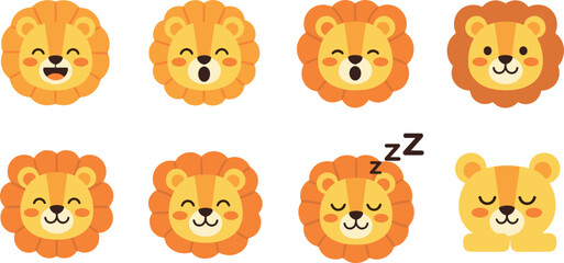 Cute lion face cartoon icon set flat vector collection of adorable wild animal expressions isolated on light background © MdNazmul
