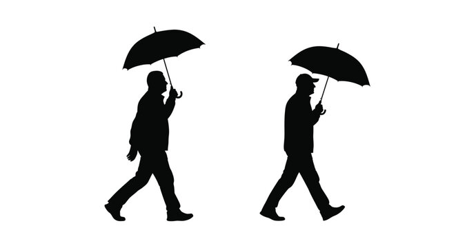 Two figures walking with umbrellas in a stark black silhouette