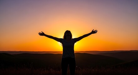 Happy Woman Silhouette Embracing Golden Sunset Outdoors