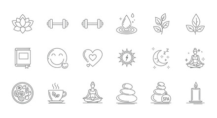 Wellness icons featuring yoga meditation and fitness a black silhouette