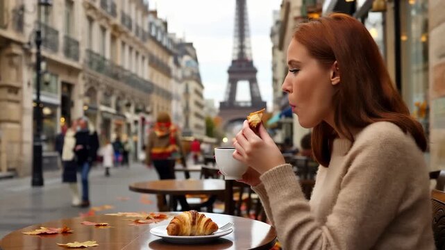 Cozy autumn cafe experience in Paris with croissant and coffee near Eiffel Tower on a pleasant day observing the city