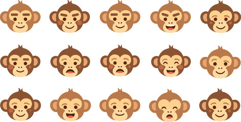 Cute monkey face icon set flat vector collection of cartoon primate expressions isolated on light background © MdNazmul