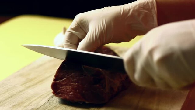 Removing the silver skin from the beef tenderloin with a sharp knife