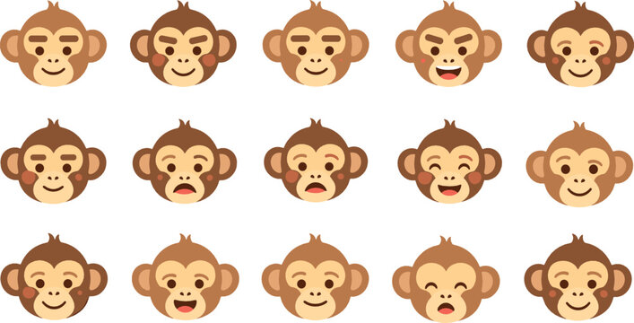 Cute monkey face icon set flat vector collection of cartoon primate expressions isolated on light background