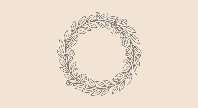 Elegant botanical line art floral wreath on a light background.