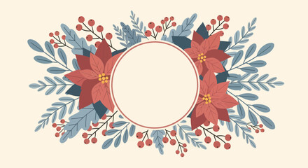 Festive poinsettia and berry border surrounding a copy space circle © Gozel