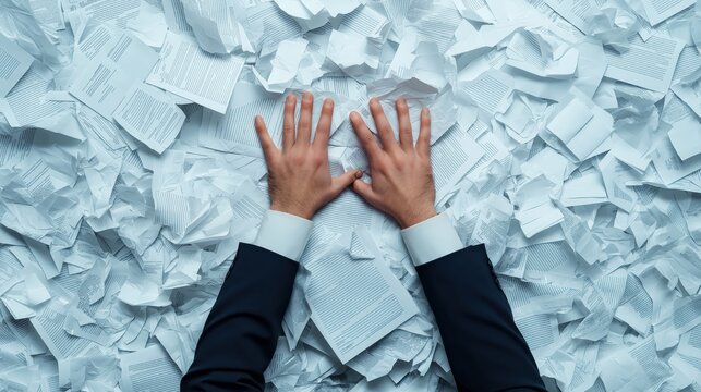 Businessman's hands pressing onto a desk buried under a large pile of crumpled white papers, creating a concept of stress, overwhelm, frustration, and too much work