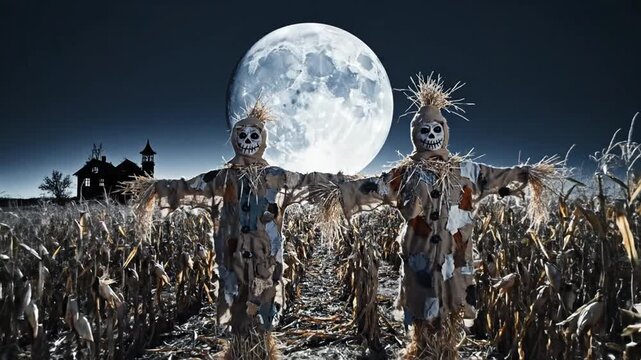 Spooky scarecrows in cornfield with full moon and haunted house