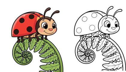 Cute cartoon ladybug crawling on a green fern leaf, happy insect vector illustration with red wings and spots isolated on white background for nature or garden design. © MstSangita