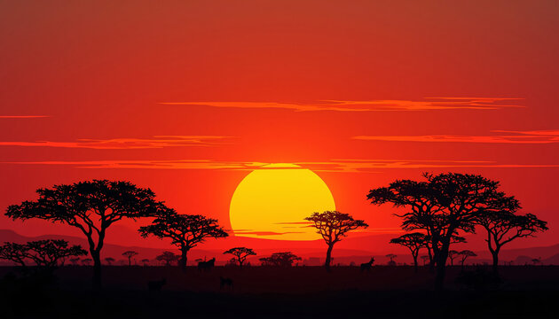 Wide Panoramic Flat Vector Scene of Acacia Trees Silhouetted Against Vibrant Sunset