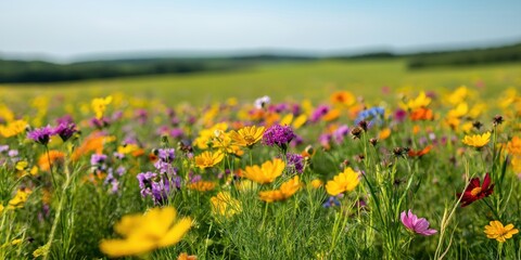 Obraz premium Wildflowers blooming across a verdant meadow under a clear blue sky, creating a colorful natural landscape field representing beauty, growth, and the warm season of summer