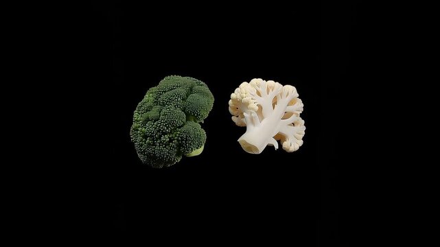 Green broccoli and cauliflower floating on black background. Rotating on black background. Concept of wholesome healthy eating. Vegetables